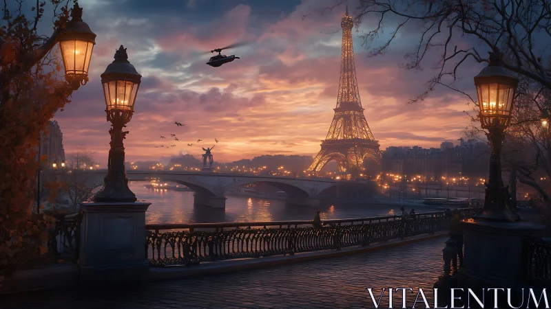 Romantic Paris riverwalk glowing under a dreamy sunset sky.