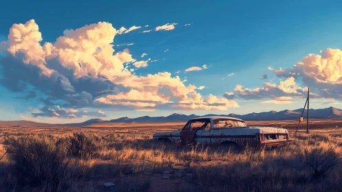 Rusting car under vast desert sky at golden hour.