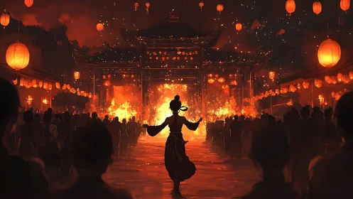 Silhouetted dancer before fiery lantern-lit temple scene.