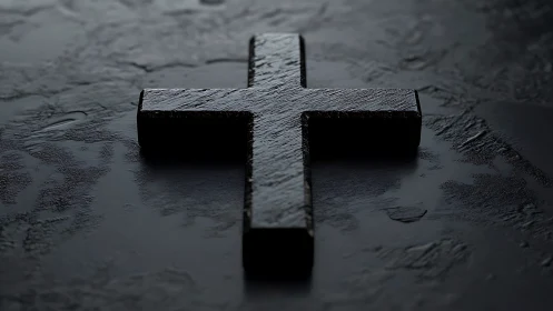 Quiet black cross resting on softly textured stone surface.