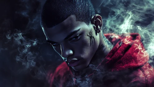 Nocturnal portrait with volumetric smoke and spectral lighting.