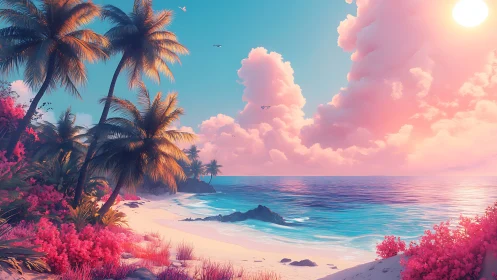 Tropicalia Dreamscape Sunset: Synthetic Beach Paradise With Magenta Flora