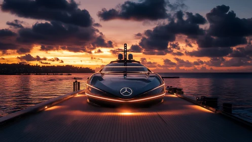 Sunset harbor glow around a futuristic luxury yacht dream.