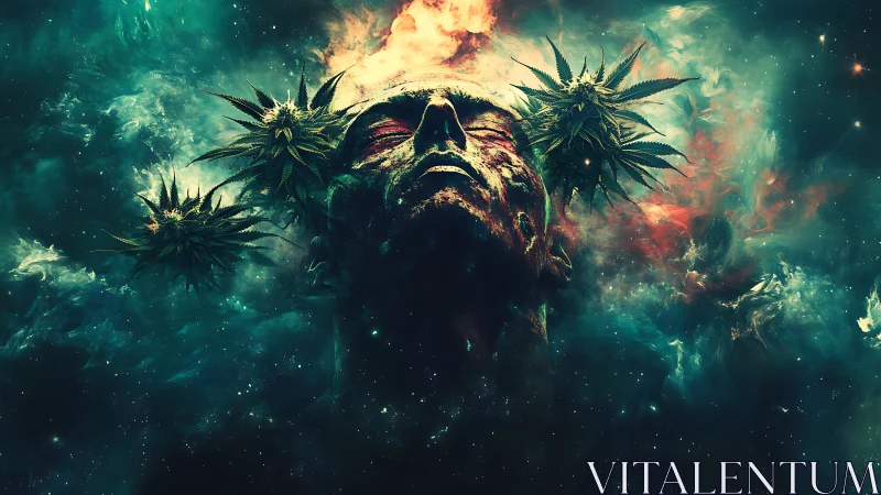 Cosmic ember deity crowned with astral cannabis blooms.