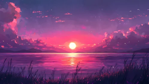 Digital seascape with sun over horizon and coastal grassland.