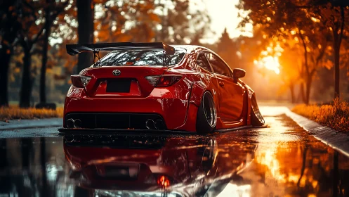 Sunset-soaked stance car glows over autumn street reflections.