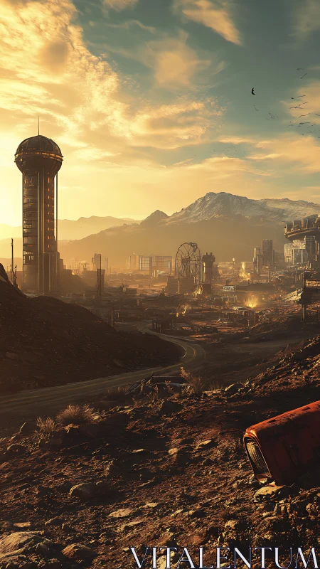 Sunlit futuristic valley city nestled beneath soft skies.