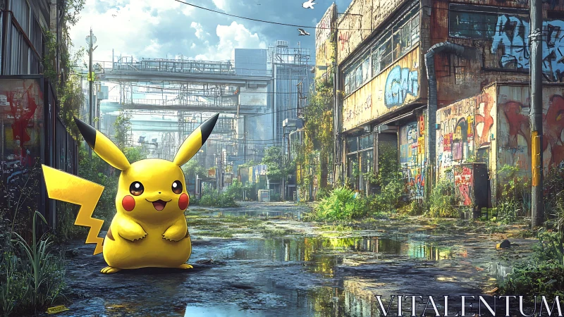 Pikachu in hyperreal graffiti-lined postindustrial alleyway