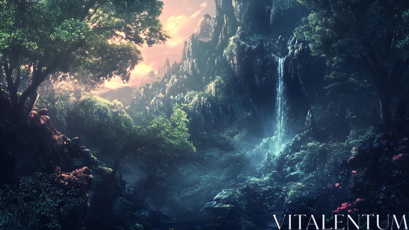Digitally rendered canyon valley with waterfall and atmospheric lighting effects.