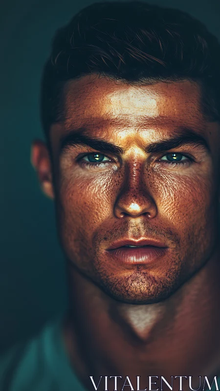 Male face close-up shows stylized skin texture and lighting