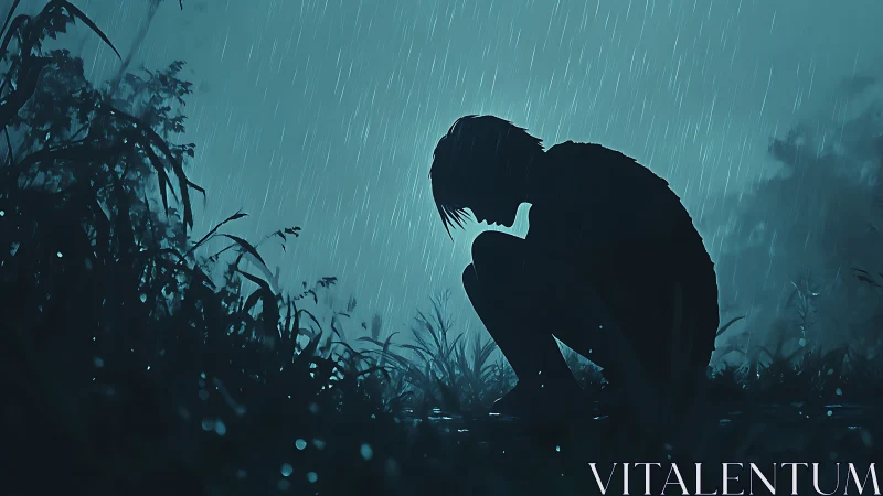 Silhouetted figure crouching in rain with cyan backlight glow.