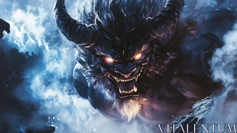 Horned demon head emerges from swirling icy storm