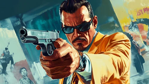 Sharp-suited marksman freezes time with a neon-cool stare