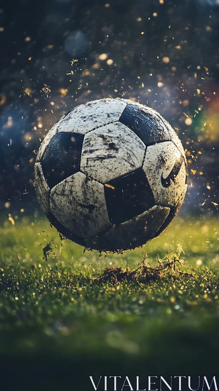 Dirty soccer ball in mid air over wet grass field at dusk.