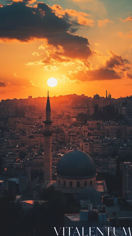 Sunset over domed mosque and minaret in dense hillside cityscape