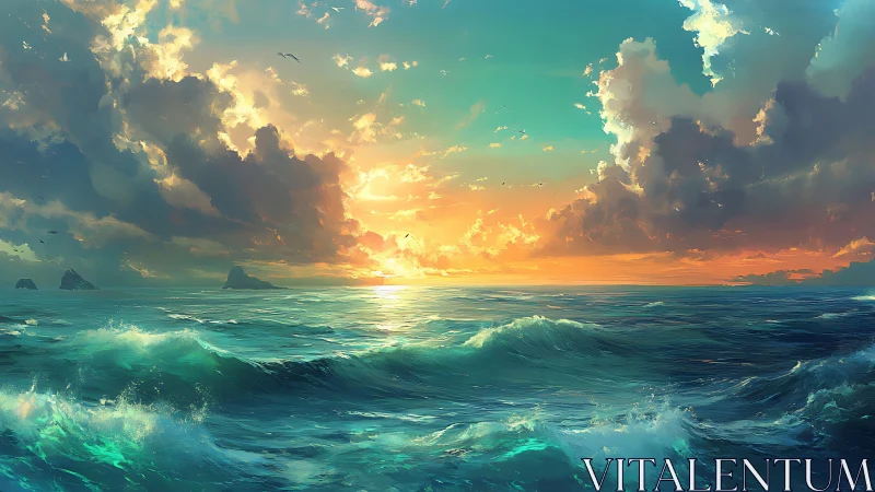 Gentle ocean waves glowing under a radiant sunset sky.