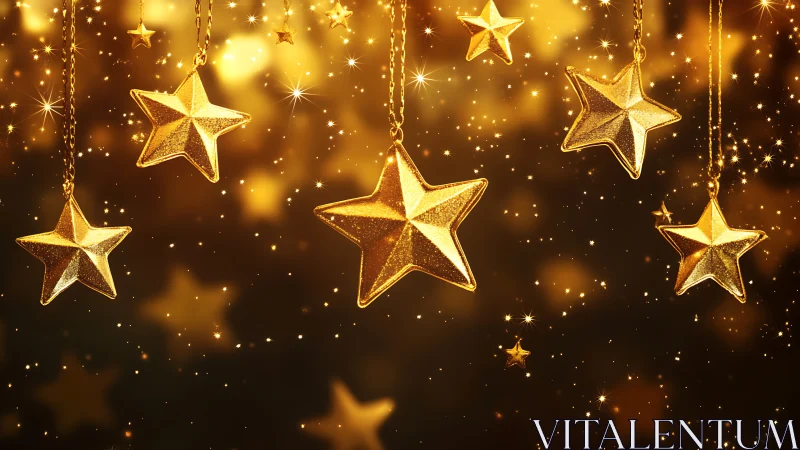 Hanging metallic gold star ornaments with glowing bokeh field