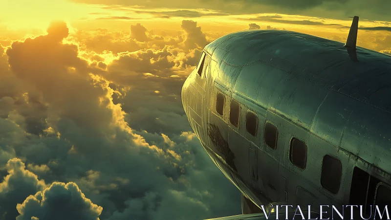 Sunlit airliner fuselage cutting through storm clouds.