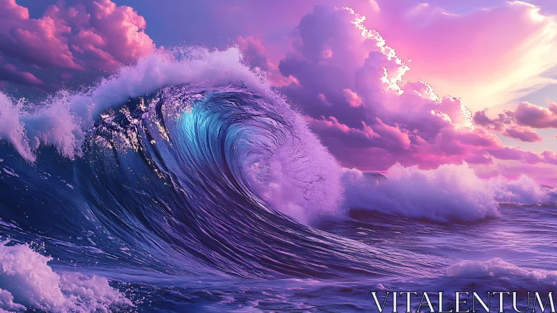 Ocean wave under magenta sky with illuminated clouds.