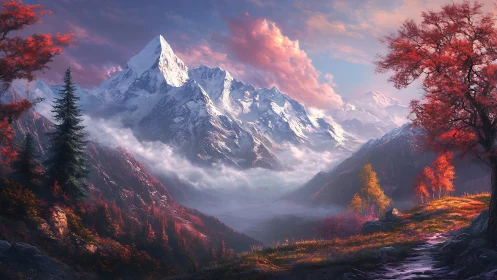 Crimson autumn ridgeline saluting a snow crowned titan skyward.