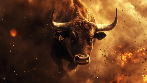 Charging bull erupts through smoky flames in dramatic motion.