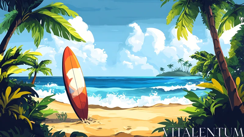 Vibrant tropical surf beach waits under bright summer skies