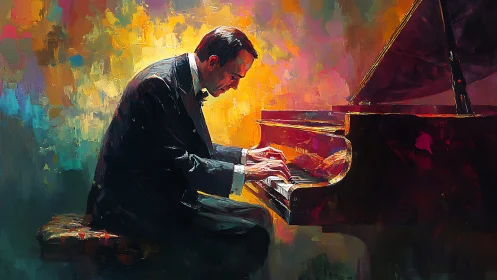 Pianist lost in glowing colors and heartfelt evening music.