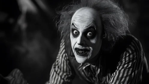 Monochrome deranged clown portrait under dramatic key lighting.