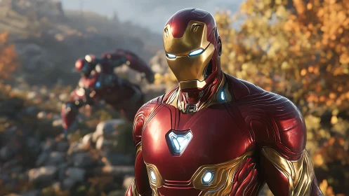 Armored superhero stands in autumn landscape, glowing calmly.