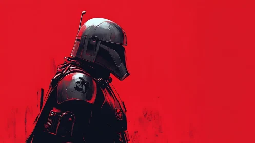 Armored sci fi soldier in profile on flat red backdrop.