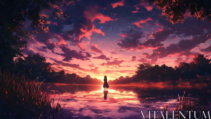 Solitary figure reflected in luminous sunset river vista.