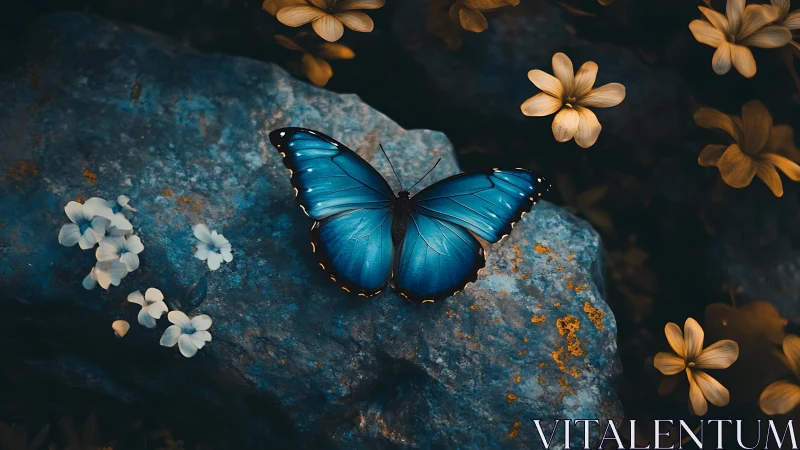 Blue morpho butterfly on textured stone with surrounding flowers.