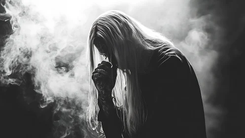 High contrast portrait of long haired figure in atmospheric smoke