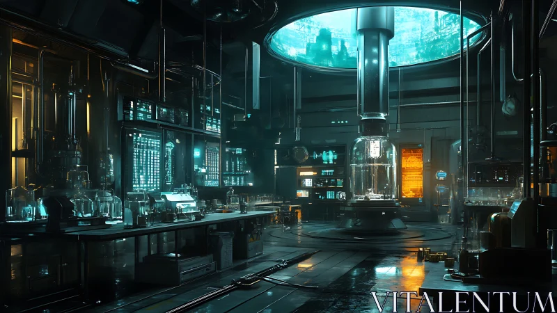 Cyan-lit cybernetic laboratory interior renders high-tech chamber