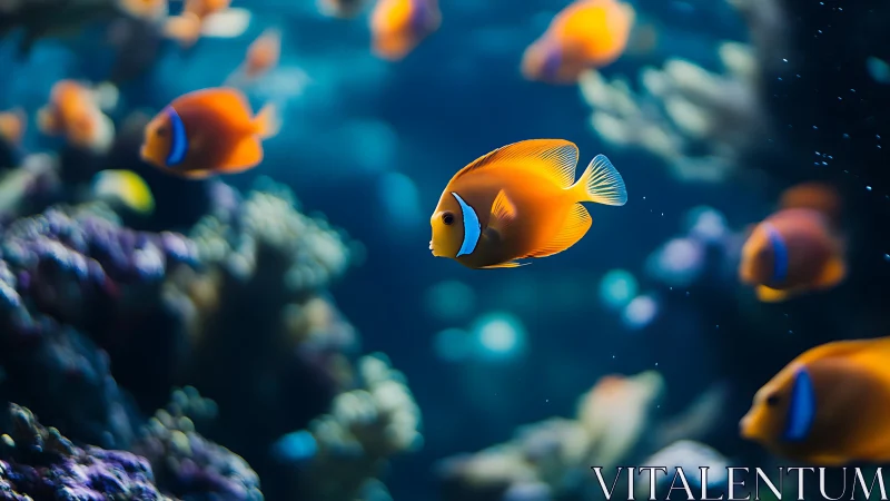 Clownfish swimming among coral in a blurred reef habitat.