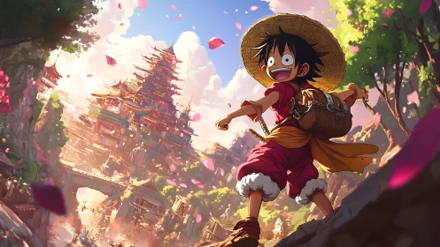 Straw hat adventurer races toward sunlit cliffside pagoda city.