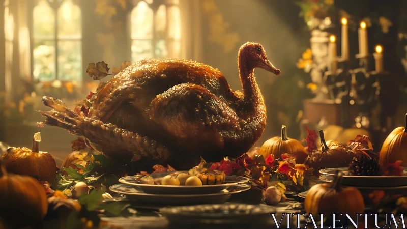 Golden roast turkey centerpiece on warm autumn table.