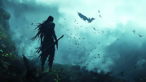 Sword-bearing wraith observing aerial drakes in storm mist.