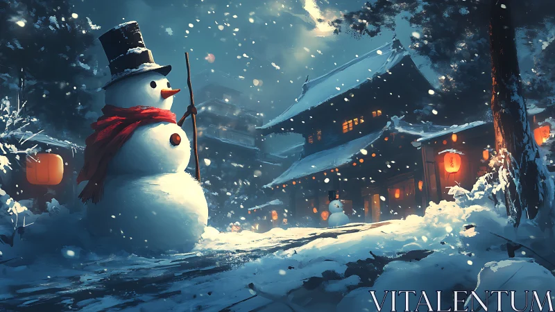 Snowman in lantern lit temple courtyard during snowfall.