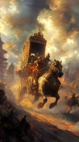 Imperial war chariot charges through gilded storm sky.