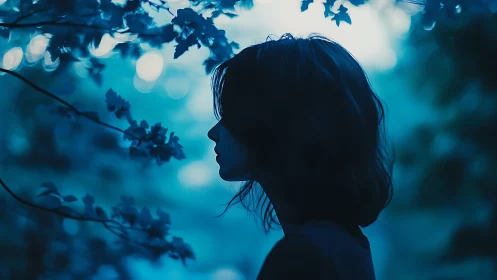 Blue hour silhouette portrait in shallow depth of field forest