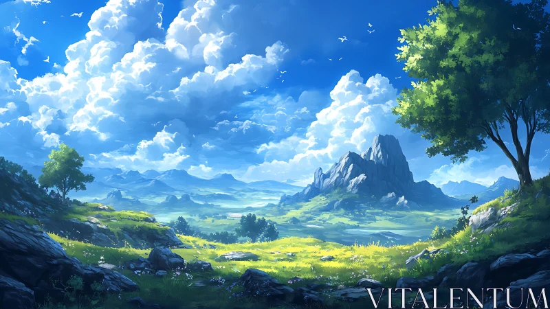 Sunlit valley stretches beneath towering fantasy peaks.