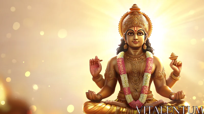 Four-armed Hindu deity seated against radiant golden light