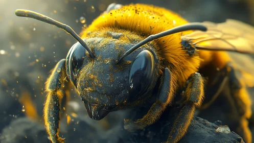 Macro bee portrait shows detailed head, eyes and antennae