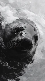 Glistening seal portrait emerging from monochrome surf.