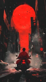 Solitary biker under colossal red moon in neon alleyway.