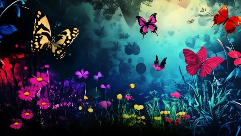 Multicolored butterflies over stylized meadow at dusk.