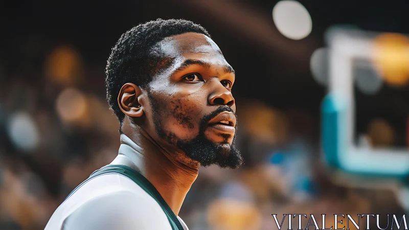 Arena sideline portrait isolates focused basketball player