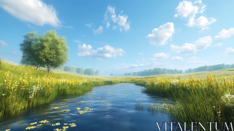 River flows through grassy meadow under scattered cumulus clouds