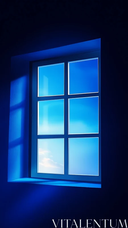 Blue interior wall with luminous six-pane rectangular window.
